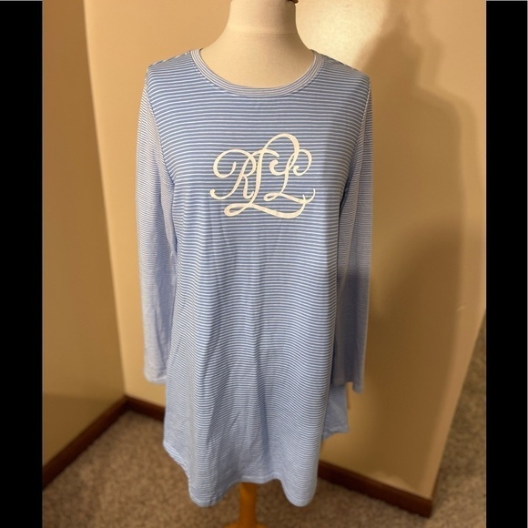 Lauren Ralph Lauren Blue/White Striped Monogram Nightgown Sz M NWOT